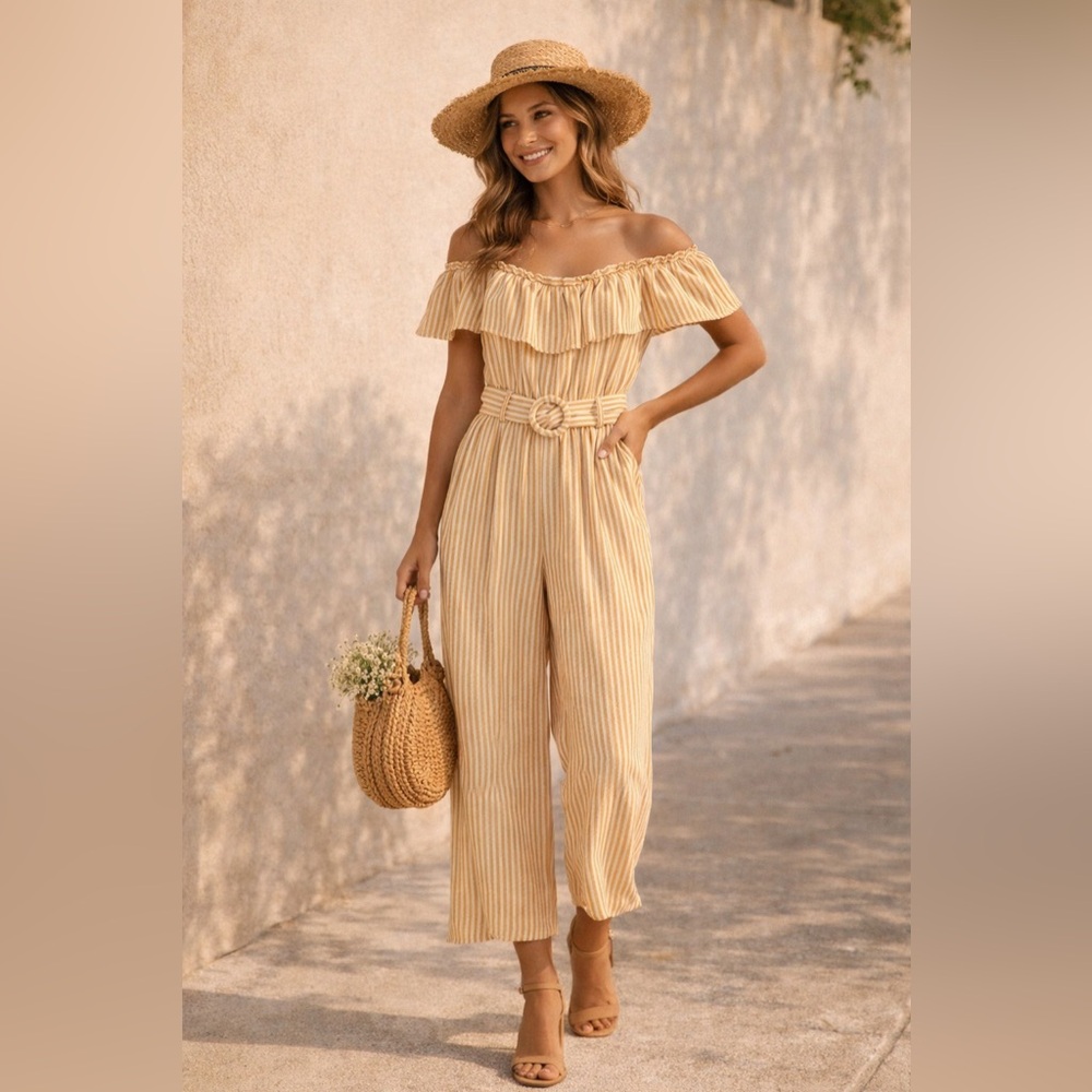 Everly Yellow Stripe Off Shoulder Ruffle Belted Crop Jumpsuit – Size S